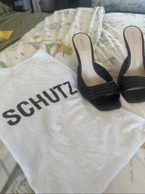 SCHUTZ Black Leather Square-Toe Slide Mules